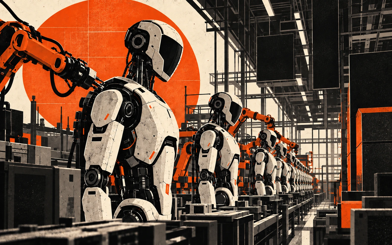 Robots assembling humanoid robots in a factory
