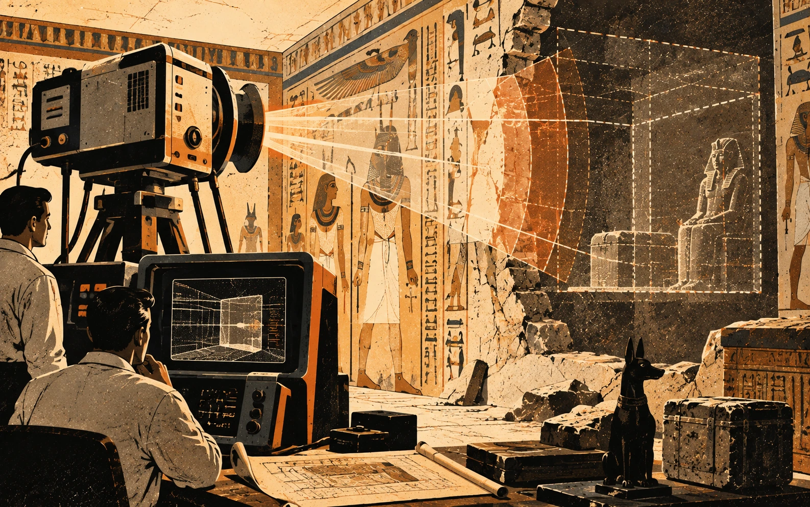 Weekly Ink retro-futurist illustration of scientists scanning through a wall in Tutankhamun’s tomb