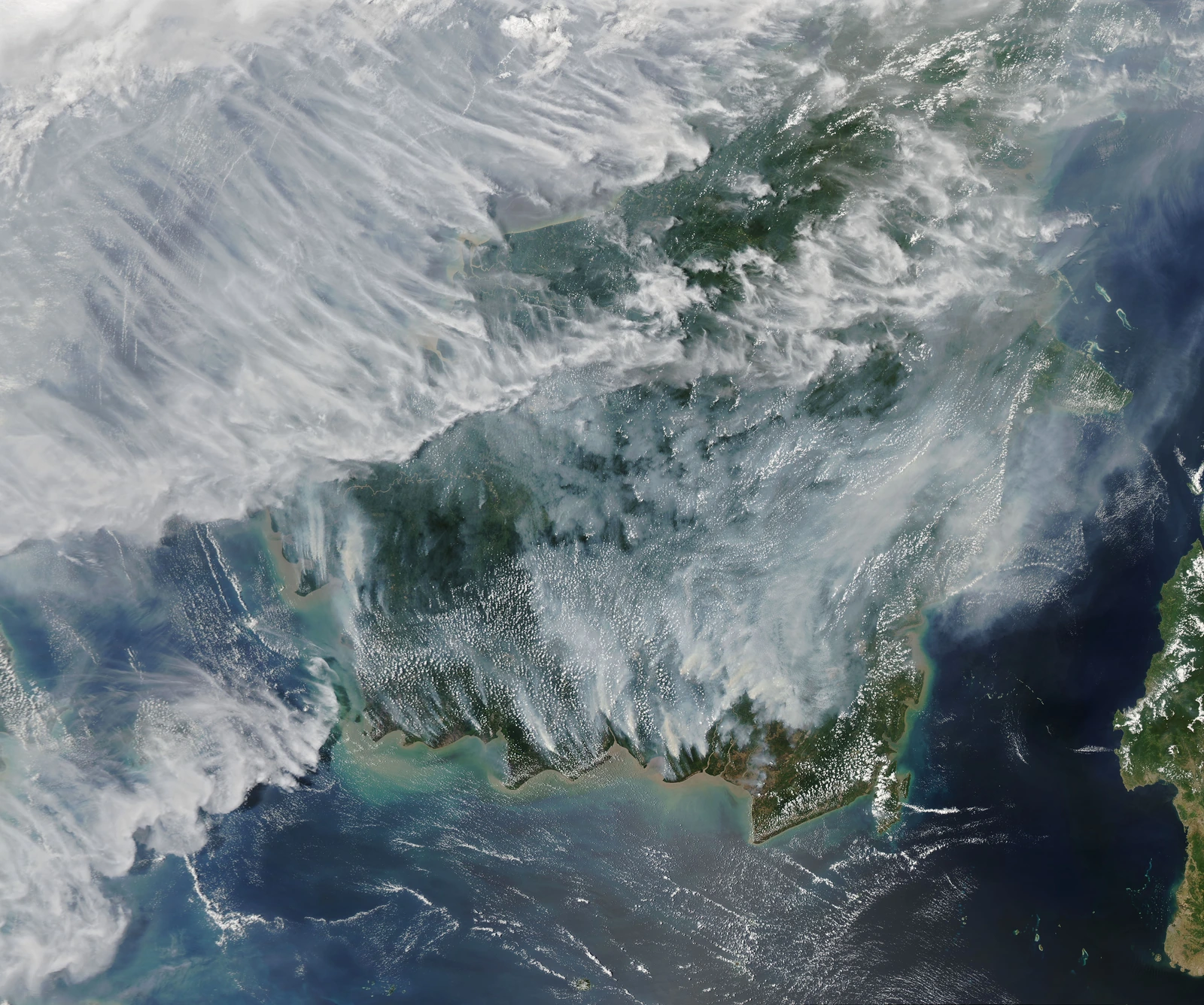 NASA satellite image of wildfire haze over Borneo