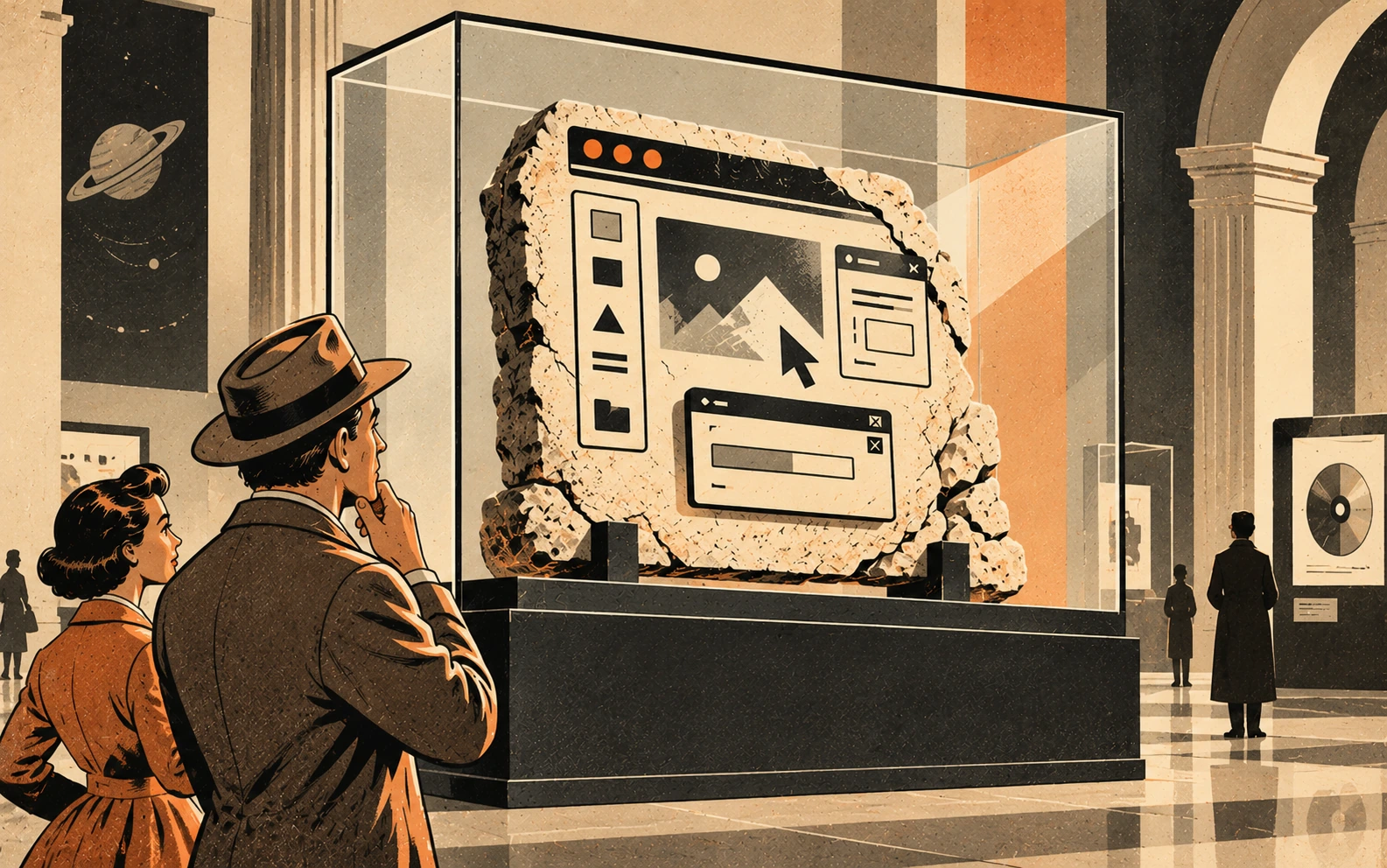 Weekly Ink illustration of fictional obsolete software preserved as a museum artifact